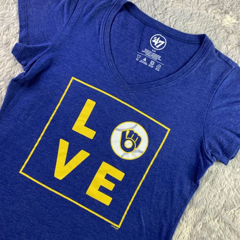 Milwaukee Brewers Shirt Womens Small Blue Yellow White Love Baseball MLB Vneck